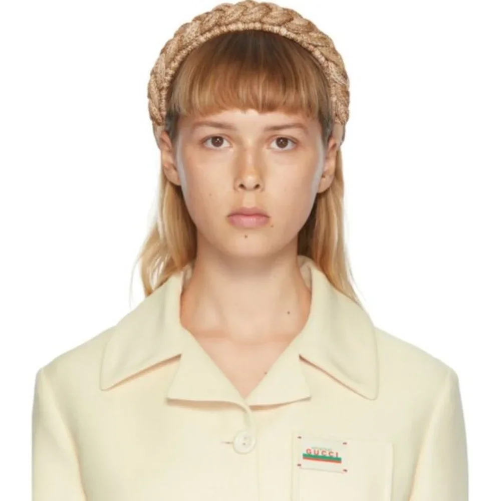 Gucci Braided Straw Rattan Headband GG Logo In Light Brown - Picture 7 of 11